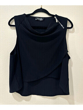Sympli Women's Black Cowl Neck Sleeveless Jersey Top w/ Zipper, Size 8